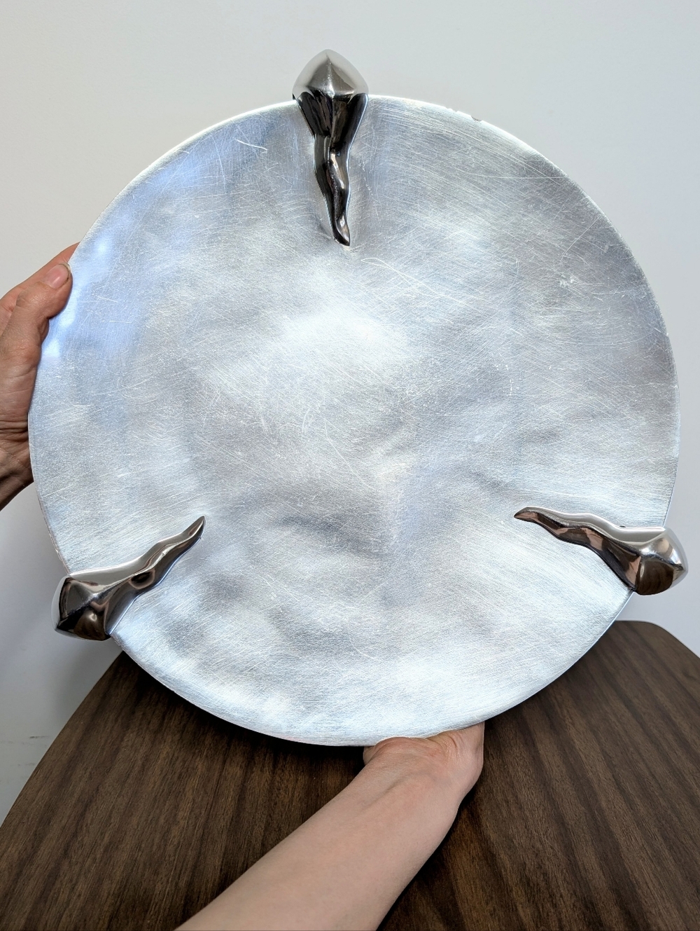 Vintage 80s Claw Footed Brutalist Bright Silver Tone Aluminum Large Platter Bowl